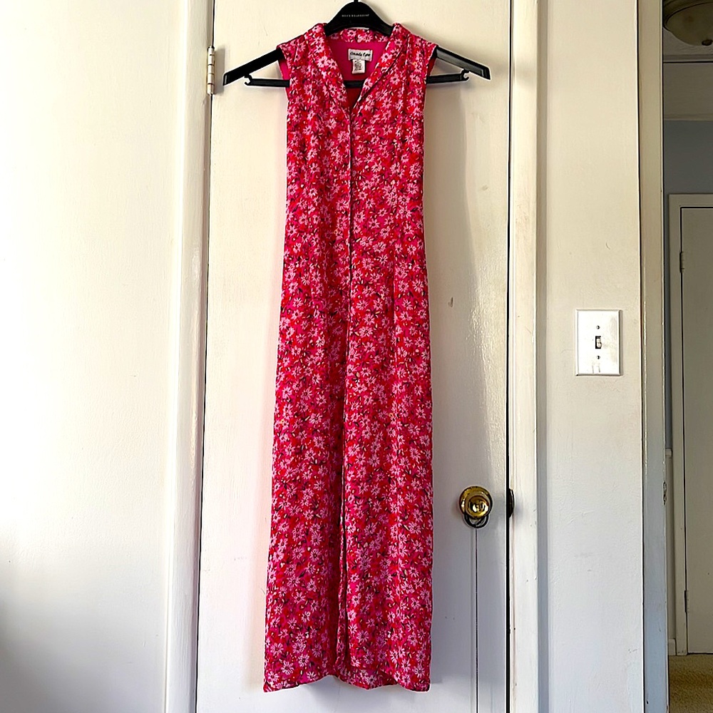 Amanda Lane, Sleeveless Pink Floral, Button Down Dress with Tie Back, Size 10